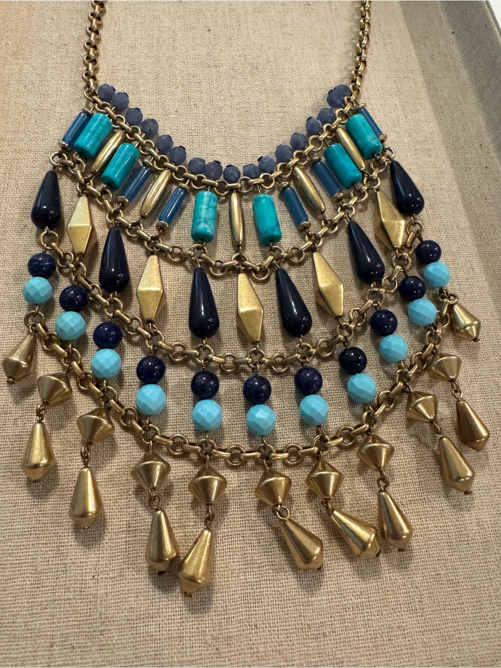 Stella & Dot Gold-Tone Bib Necklace with Turquoise, Navy Teal Beads Display - Picture 3 of 8